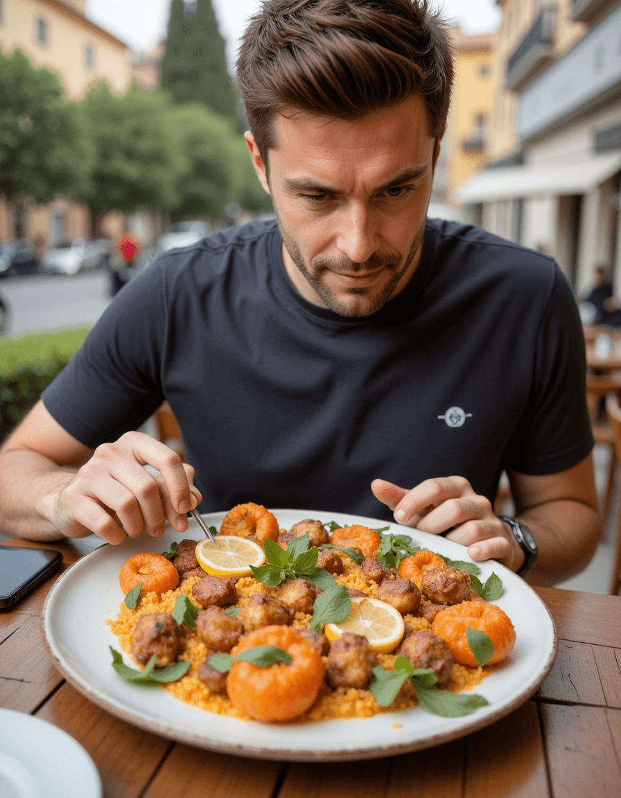 Model eating a paella in spain