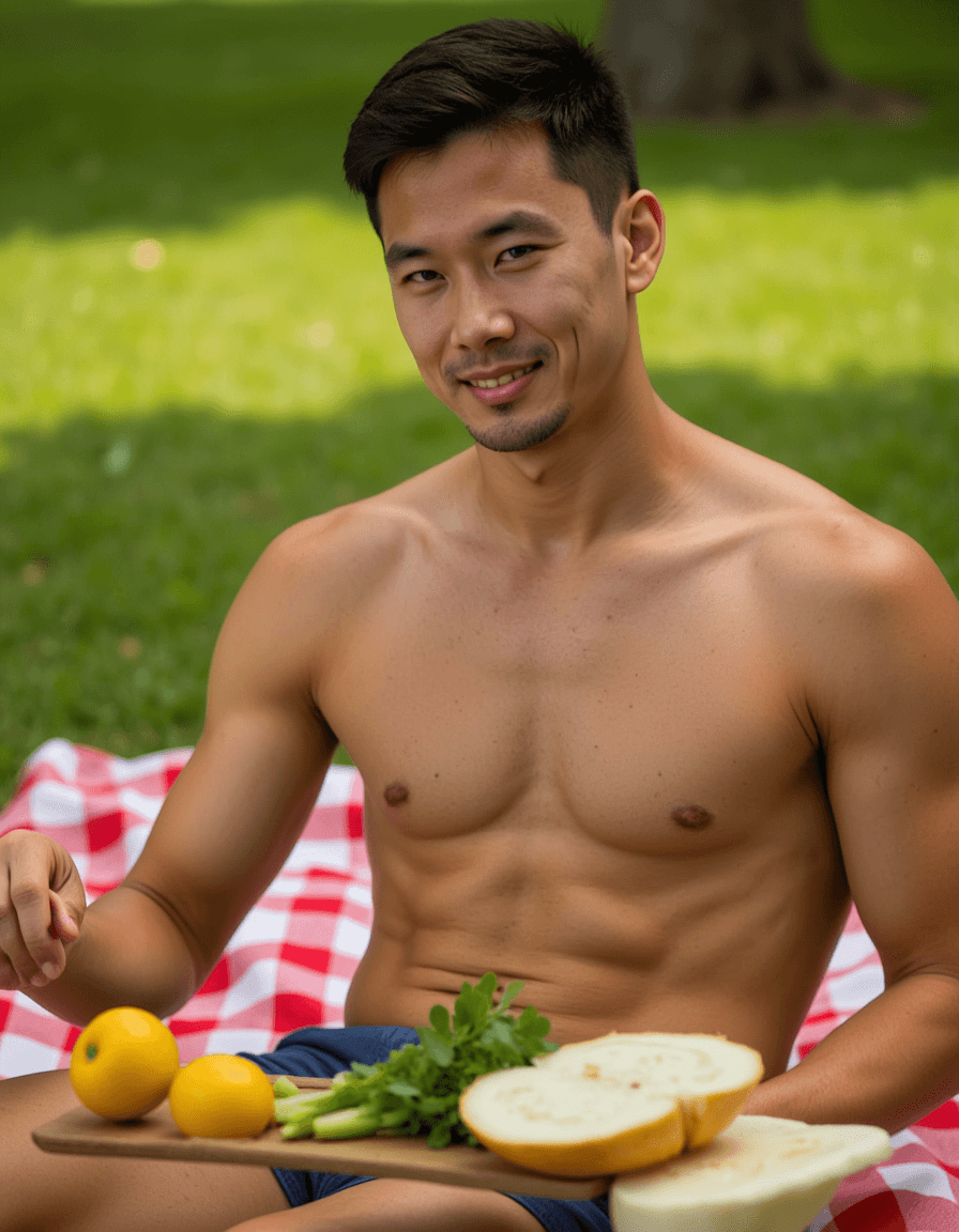 masculine model having a fun outdoor picnic