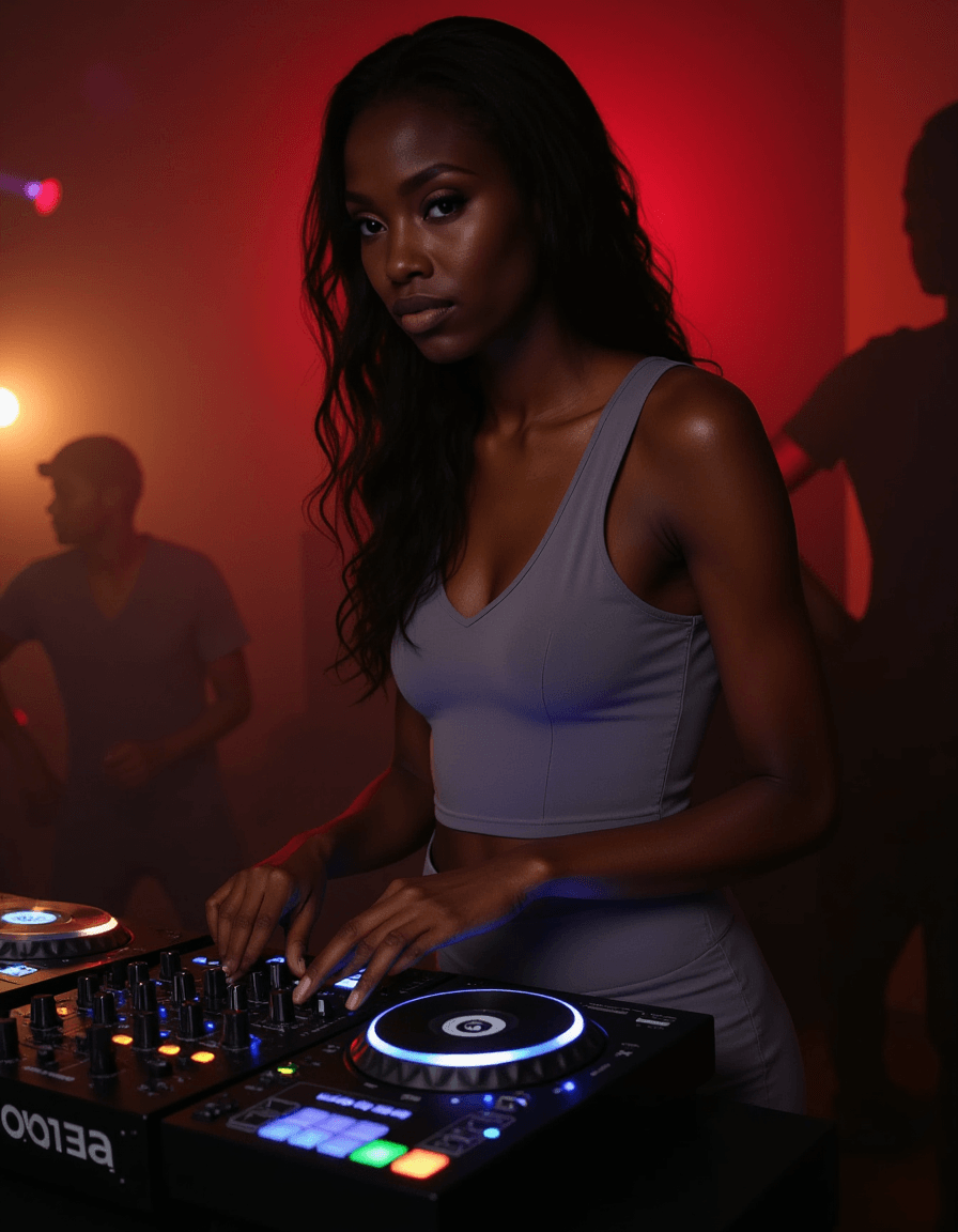 model as DJ dj-ing in the club