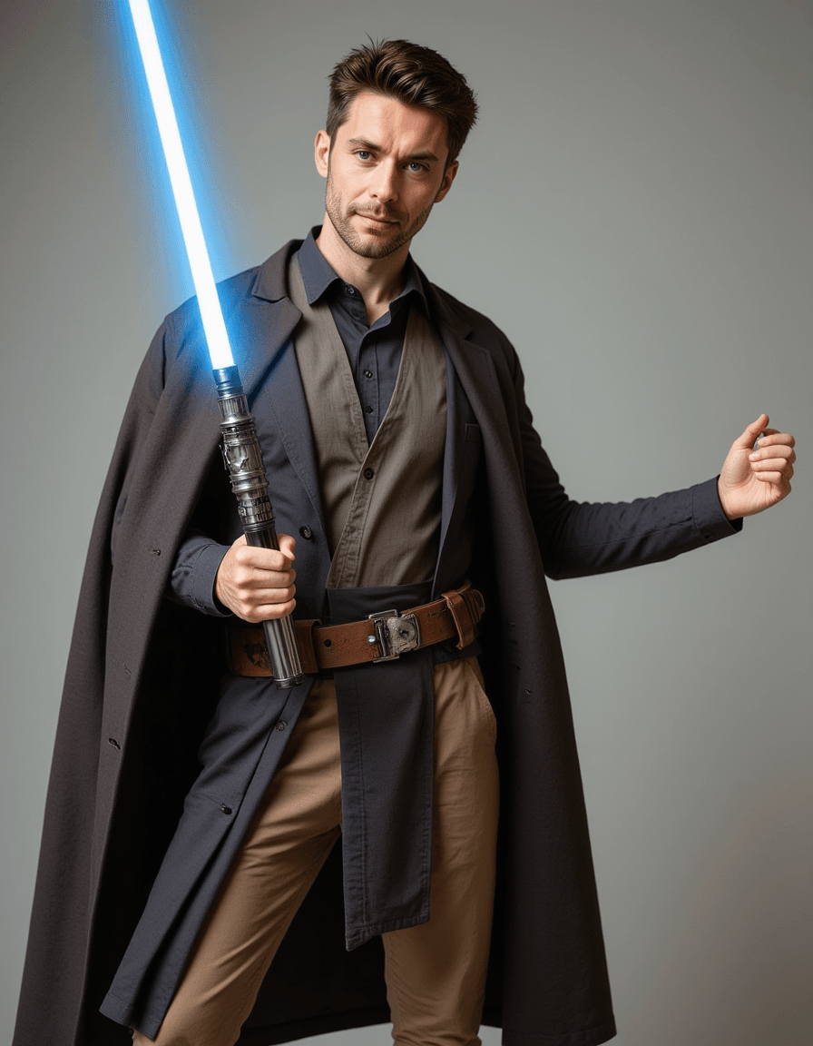 model as a jedi knight holding a lightsaber