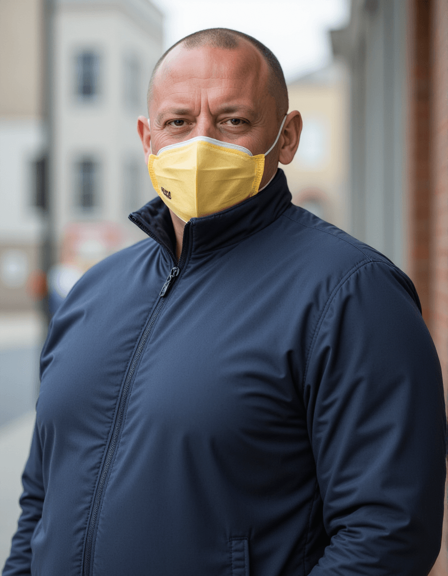 model wearing a Covid n95 mask in 2020. outside