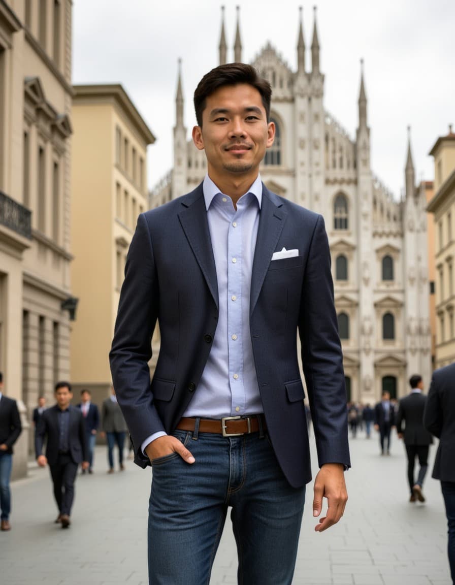 sharp and trendy model in Milan wearing a fashionable blazer and jeans, Duomo di Milano in the background
