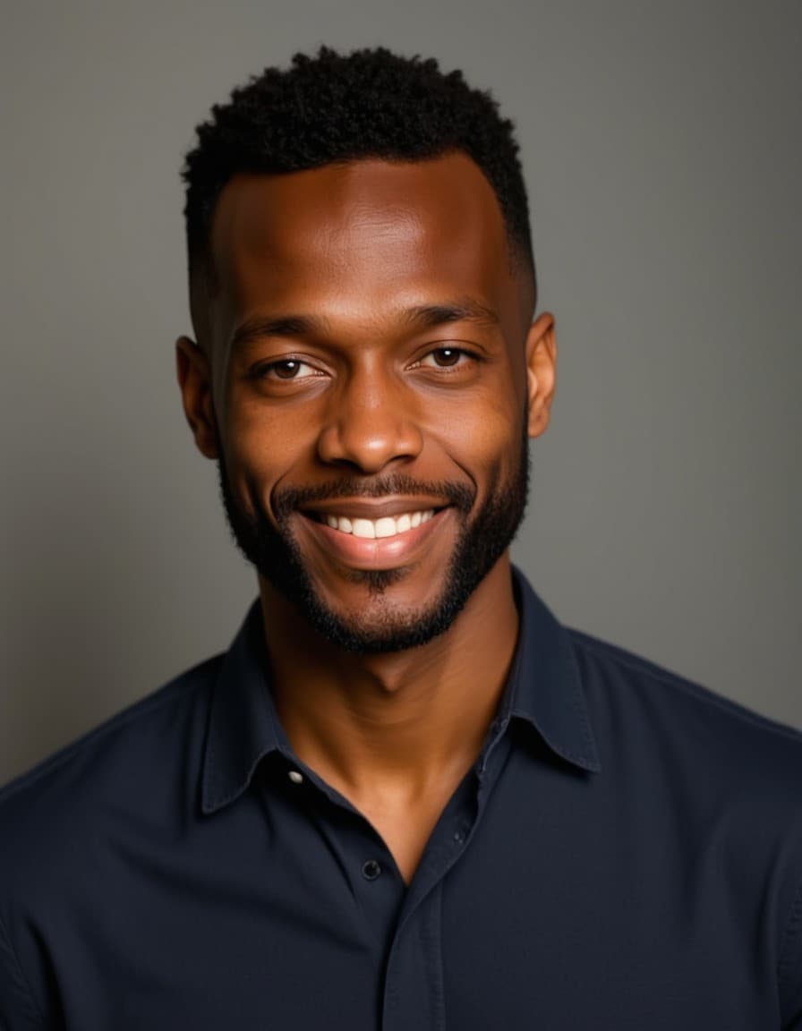 A professional actor headshot of a confident model, taken in a well-lit studio with a plain backdrop. The model is dressed in a fitted dark-colored shirt with neatly styled hair. The lighting is soft and even, highlighting their facial features with a natural and approachable expression. The focus is sharp, capturing the model's eyes and subtle smile, creating a perfect headshot for auditions and casting calls.
