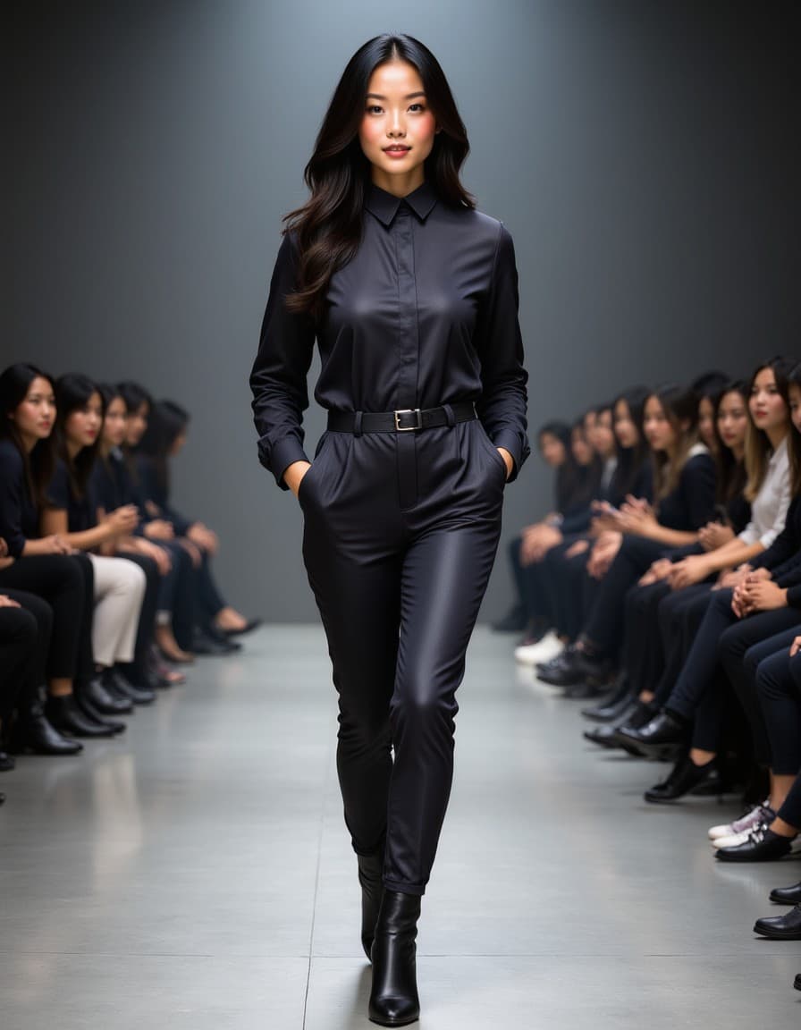 front view of model walking on a fashion runway in an industrial space, showcasing a futuristic outfit with sharp lines