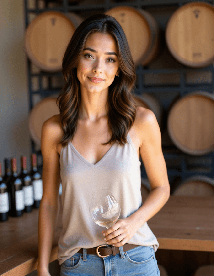 feminine model at wine tasting, sophisticated casual attire, genuine smile