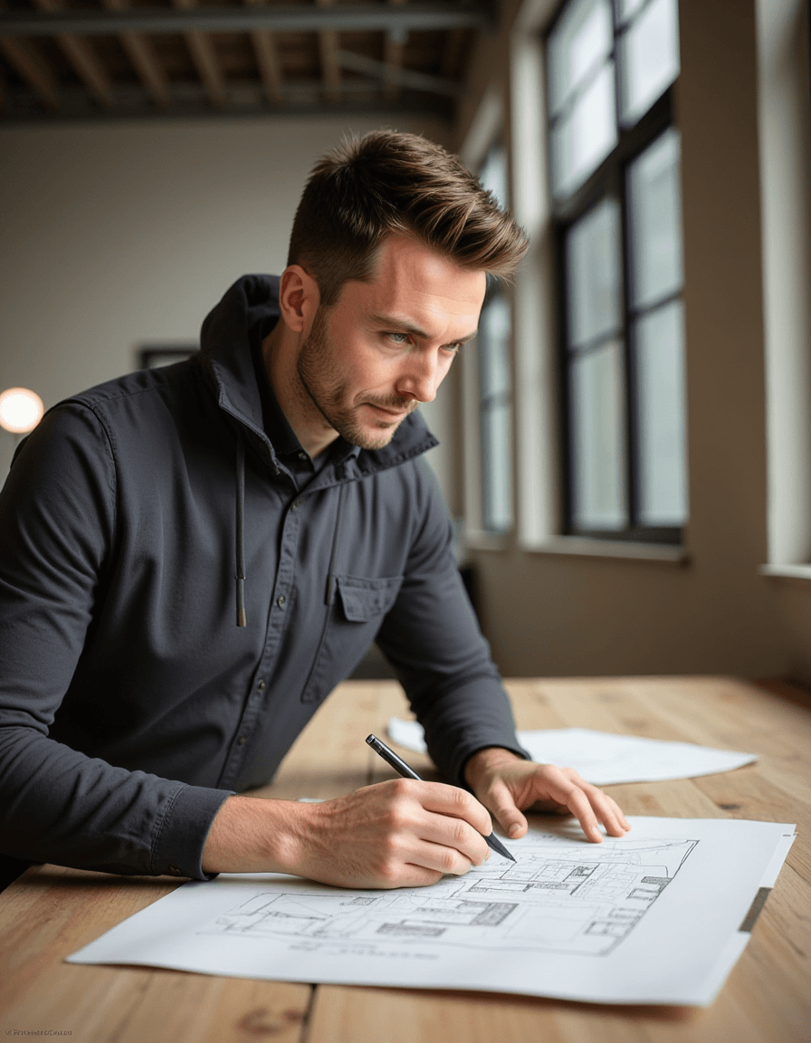 masculine model sketching architectural designs at drafting table, focused creative energy, industrial loft setting