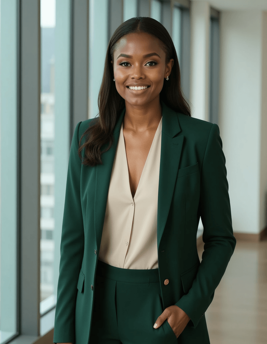 headshot of model, standing by floor-to-ceiling windows, forest green blazer over cream blouse, structured shoulder pads, confident smile, natural daylight, corporate headquarters setting, high-definition, executive elegance