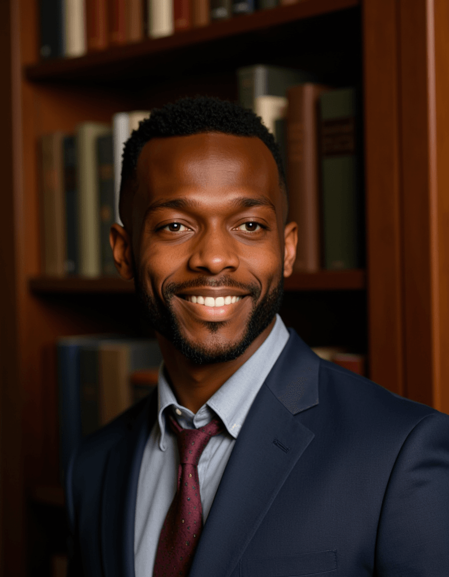 professional headshot of model, leaning against mahogany bookcase, deep navy suit, light gray dress shirt, burgundy paisley tie, subtle smile, ambient library lighting, traditional office background, crisp details, executive sophistication