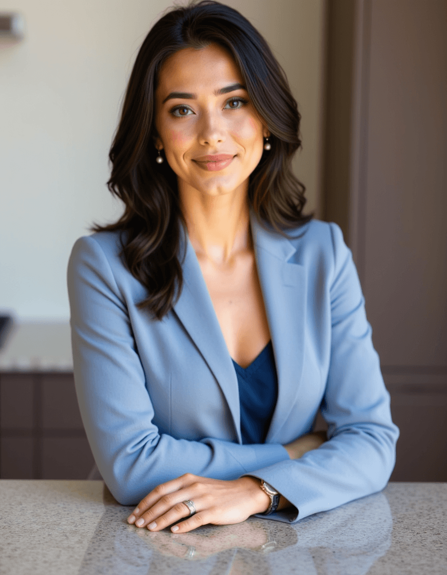 8k headshot of model, leaning on granite countertop, powder blue suit jacket, navy blouse, pearl drop earrings, polished makeup, studio lighting with soft diffusion, contemporary office kitchen area, sharp focus, approachable corporate style