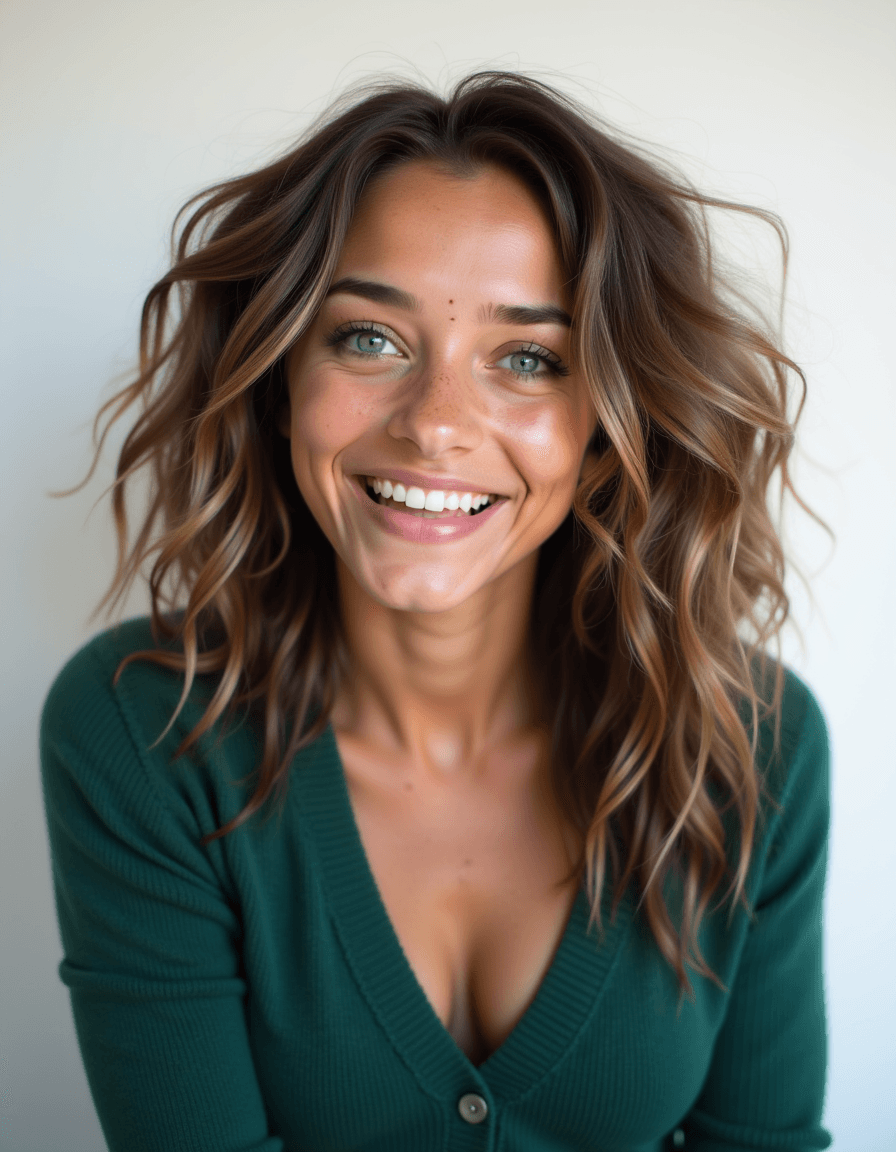 A professional actor headshot of a charismatic female model, photographed against a soft white studio backdrop. The model is dressed in a forest green cardigan with her curly hair styled naturally with volume. Her makeup enhances her natural beauty with warm earth tones and a subtle highlight. The professional lighting creates even illumination across her face, capturing her authentic laugh and bright eyes, resulting in a headshot that radiates personality and professionalism.
