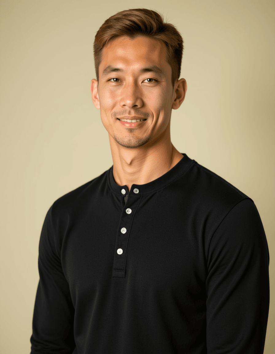 A professional actor headshot of a dynamic male model, shot against a seamless cream background in controlled studio lighting. The model wears a fitted black henley shirt with his blonde hair styled in a textured, casual look and clean-shaven face. The even lighting highlights his bright blue eyes and natural, approachable smile, creating an energetic headshot perfect for commercial and young professional roles.