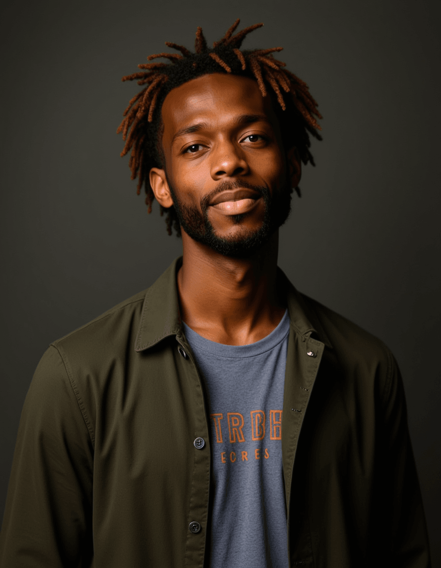 A professional actor headshot of a creative male model, shot against a textured gray backdrop in moody studio lighting. The model wears a vintage band t-shirt under an unbuttoned olive green jacket, his wavy auburn hair styled in a relaxed, slightly messy look with a full beard. The artistic lighting creates depth across his expressive features while he displays a thoughtful, introspective gaze with a hint of a smile, perfect for musician and bohemian character auditions.