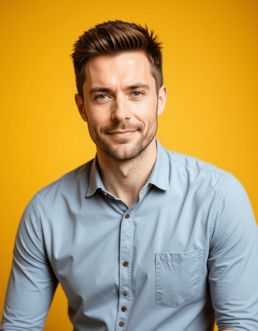A professional actor headshot of a friendly male model, photographed in a studio setting with a sunny yellow backdrop. He's dressed in a light blue chambray shirt with rolled-up sleeves, his sandy brown hair styled in a casual, tousled look with a warm smile showing through his full beard. The bright lighting emphasizes his kind features and crow's feet while he displays an genuine, hearty laugh with twinkling green eyes, ideal for dad character and heartwarming commercial casting.