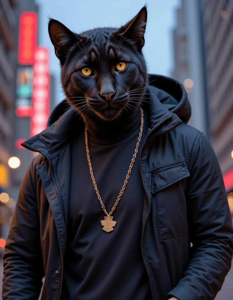 furry character of panther fursona of model with sleek big cat features, midnight black fur, and piercing yellow eyes, wearing urban streetwear, mysterious expression, detailed digital furry art style, neon accents