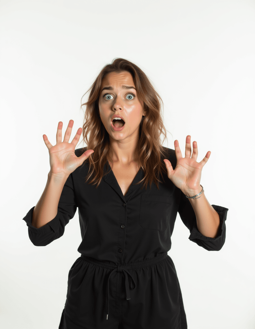 exaggerated scared terrified model with hands up in defensive position, eyes wide with fear, blank background