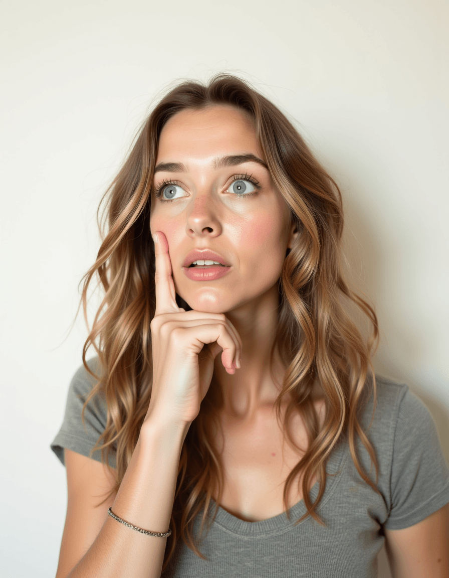 model making exaggerated thinking pose, finger on chin, eyes looking up, blank background