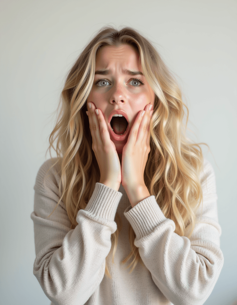 model with exaggerated sleepy tired expression, rubbing eyes with hands, yawning, blank background