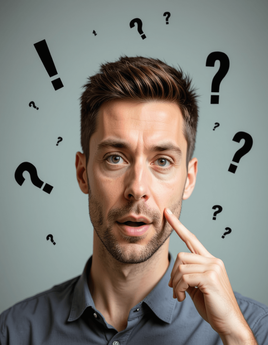 model with exaggerated shocked face covering mouth, surrounded by floating question marks and exclamation points