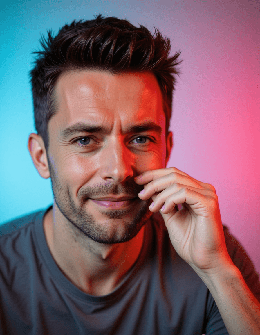 exaggerated laughing model wiping tears, gradient rainbow background with sparkle effects