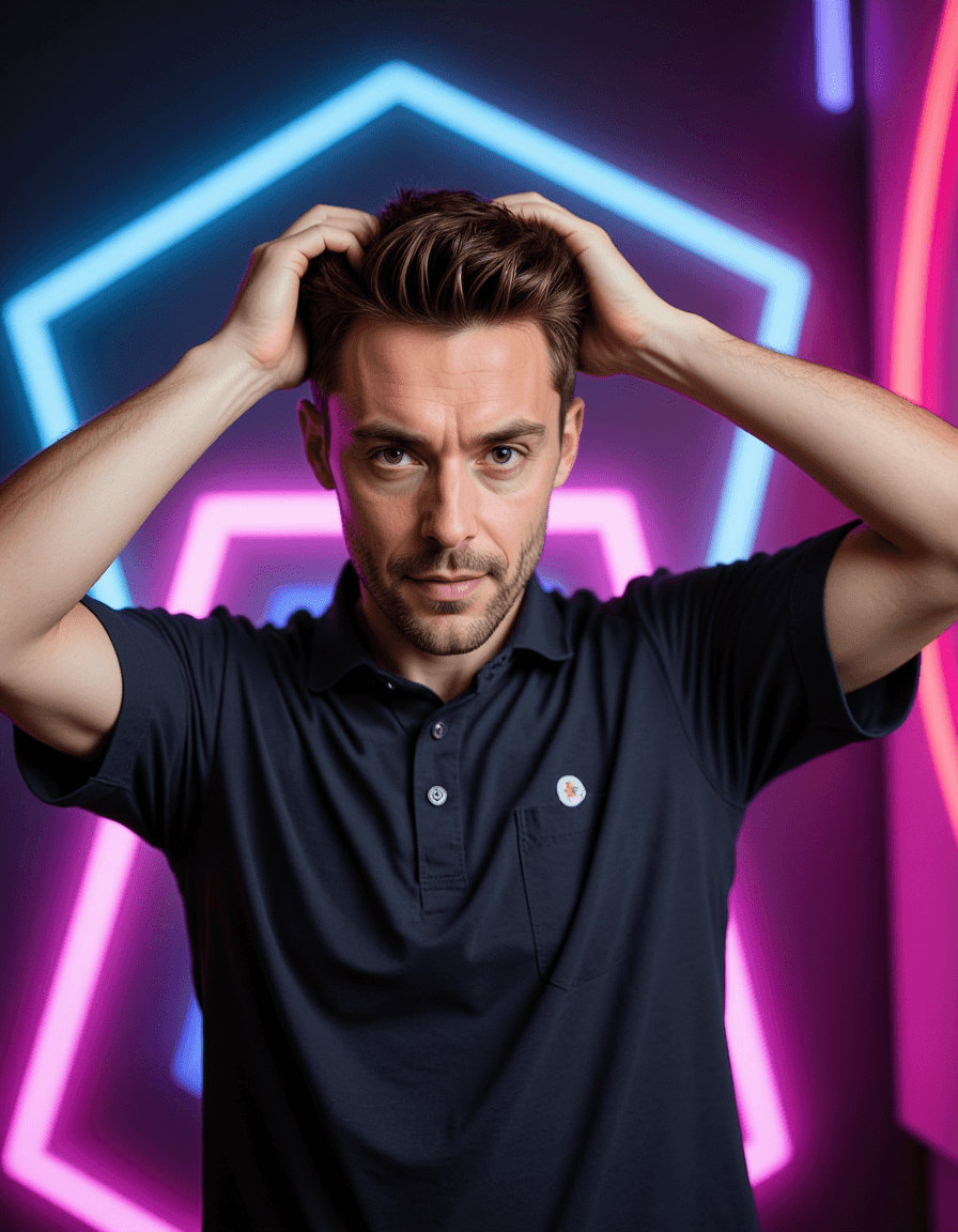 model with surprised wide eyes and hands on head, neon glow background with geometric shapes
