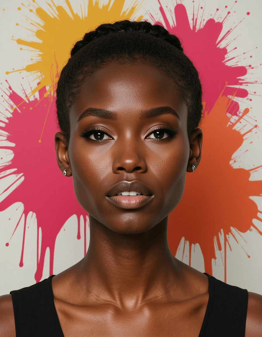 model with exaggerated crying face wiping eyes, melting colorful paint drip background with artistic splashes