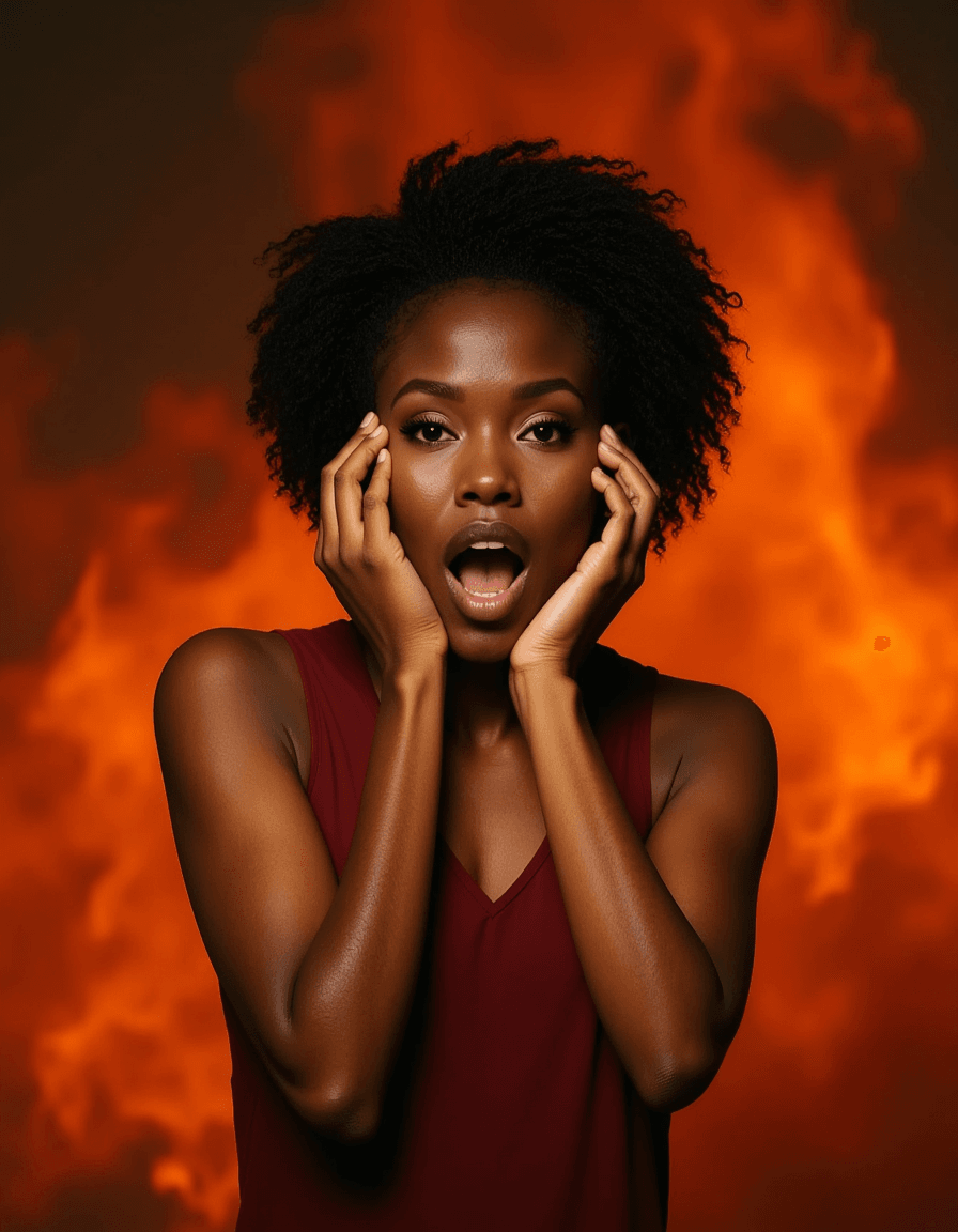 model making dramatic gasping gesture with both hands, fiery flames background with orange and red gradients