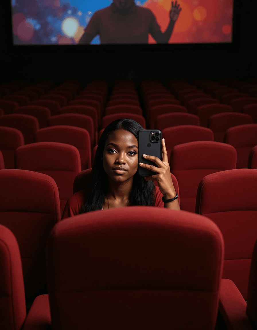 model snapping a selfie with a glowing phone in a cozy home theater mirror, plush seats and movie posters reflected