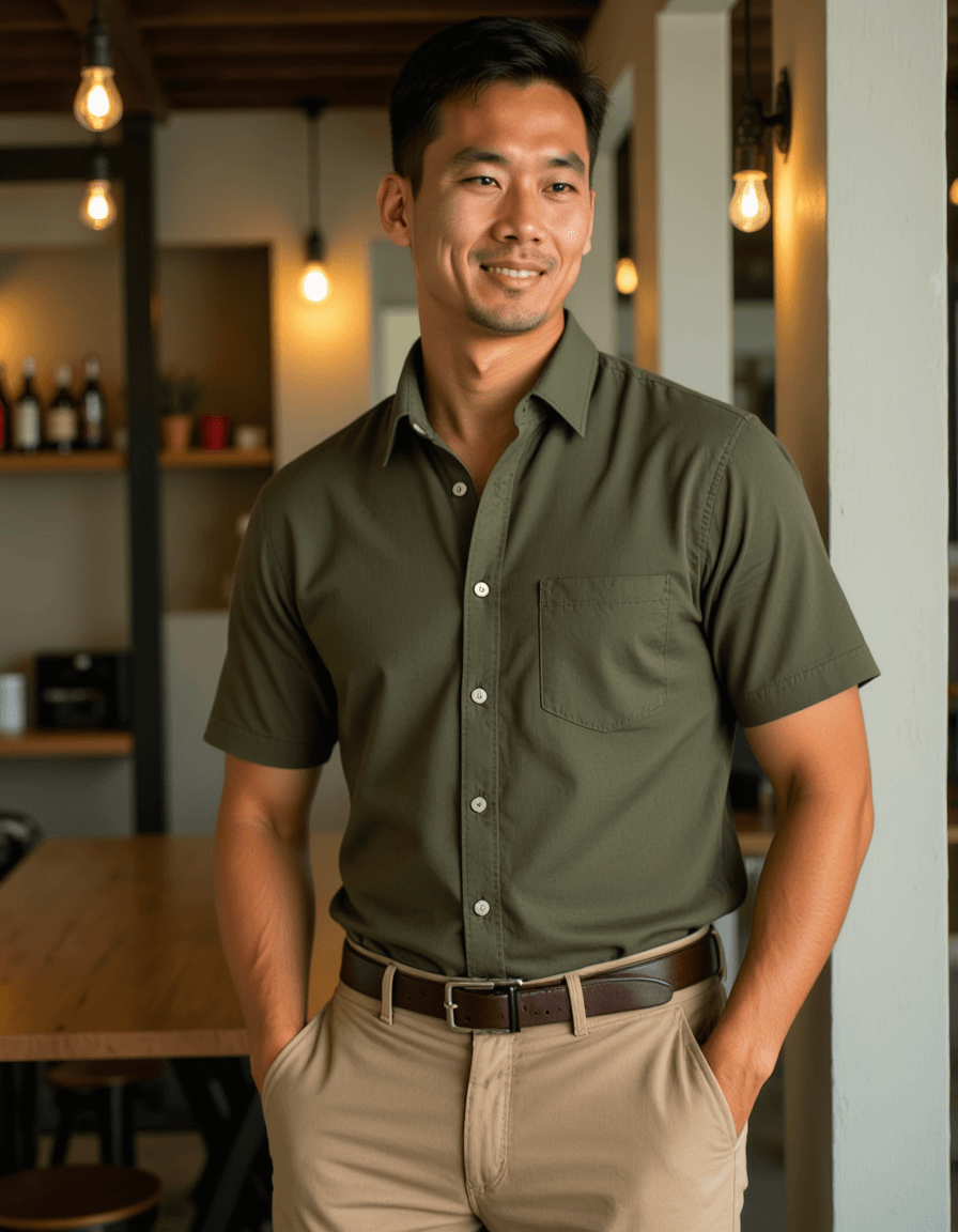 model wearing a fitted olive green shirt and chinos in a trendy brewery patio, Instagram photo, Instagram, athletic build