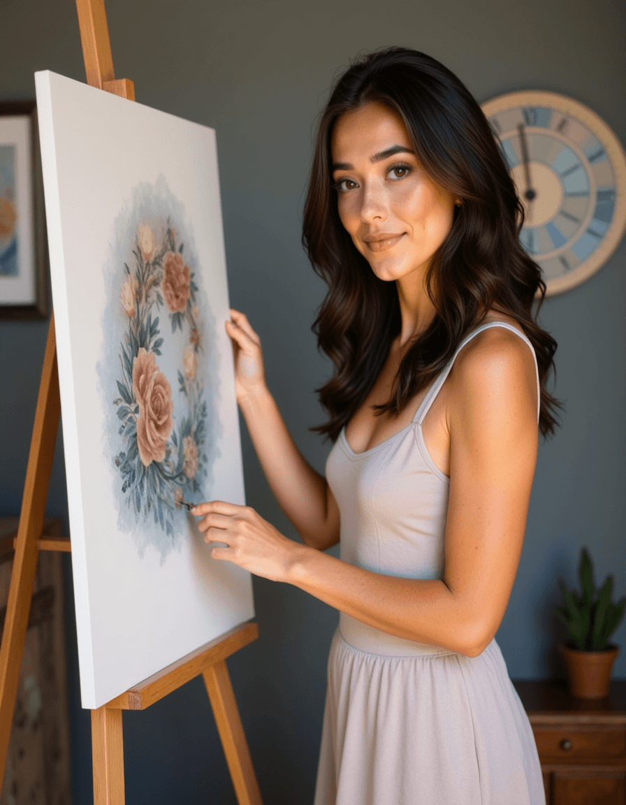 feminine model painting on easel, art studio environment, creative focused expression