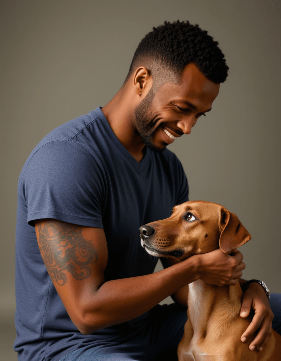 masculine model volunteering at animal shelter, gentle interaction with rescue dog, compassionate expression
