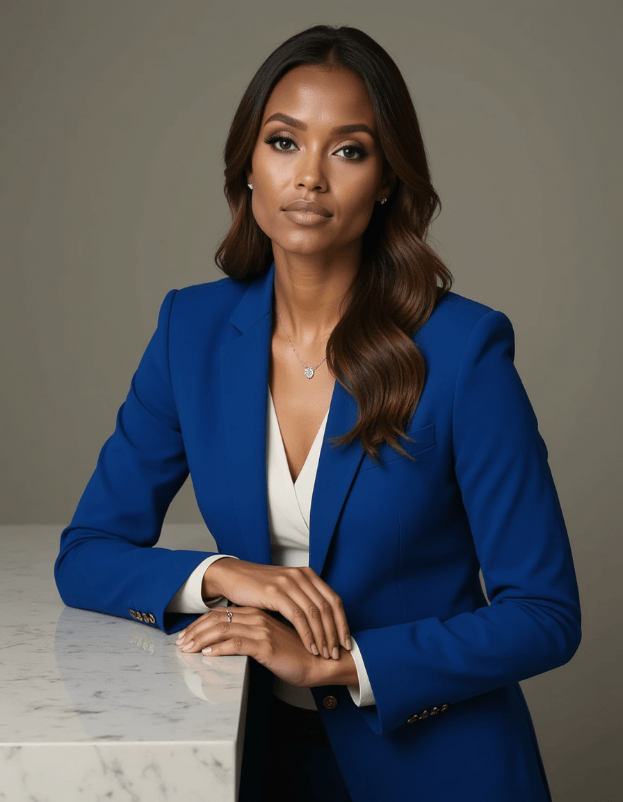 8k headshot of model, leaning on marble reception desk, cobalt blue blazer, white button-down shirt, minimal jewelry, professional makeup, studio backdrop with soft shadows, sharp focus, corporate sophistication