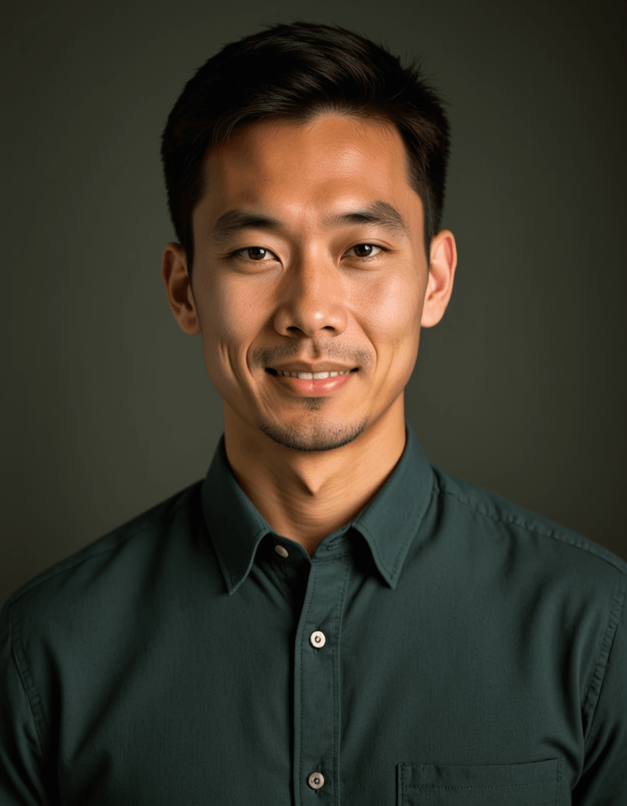 A professional actor headshot of a rugged male model, captured in a studio with a dark charcoal backdrop. He's wearing a forest green flannel shirt with his brown hair styled in a slightly tousled, natural look and a five o'clock shadow. The lighting creates strong definition across his masculine features while he displays a confident, intense gaze with a subtle smirk, conveying both strength and charisma for action and dramatic character roles.