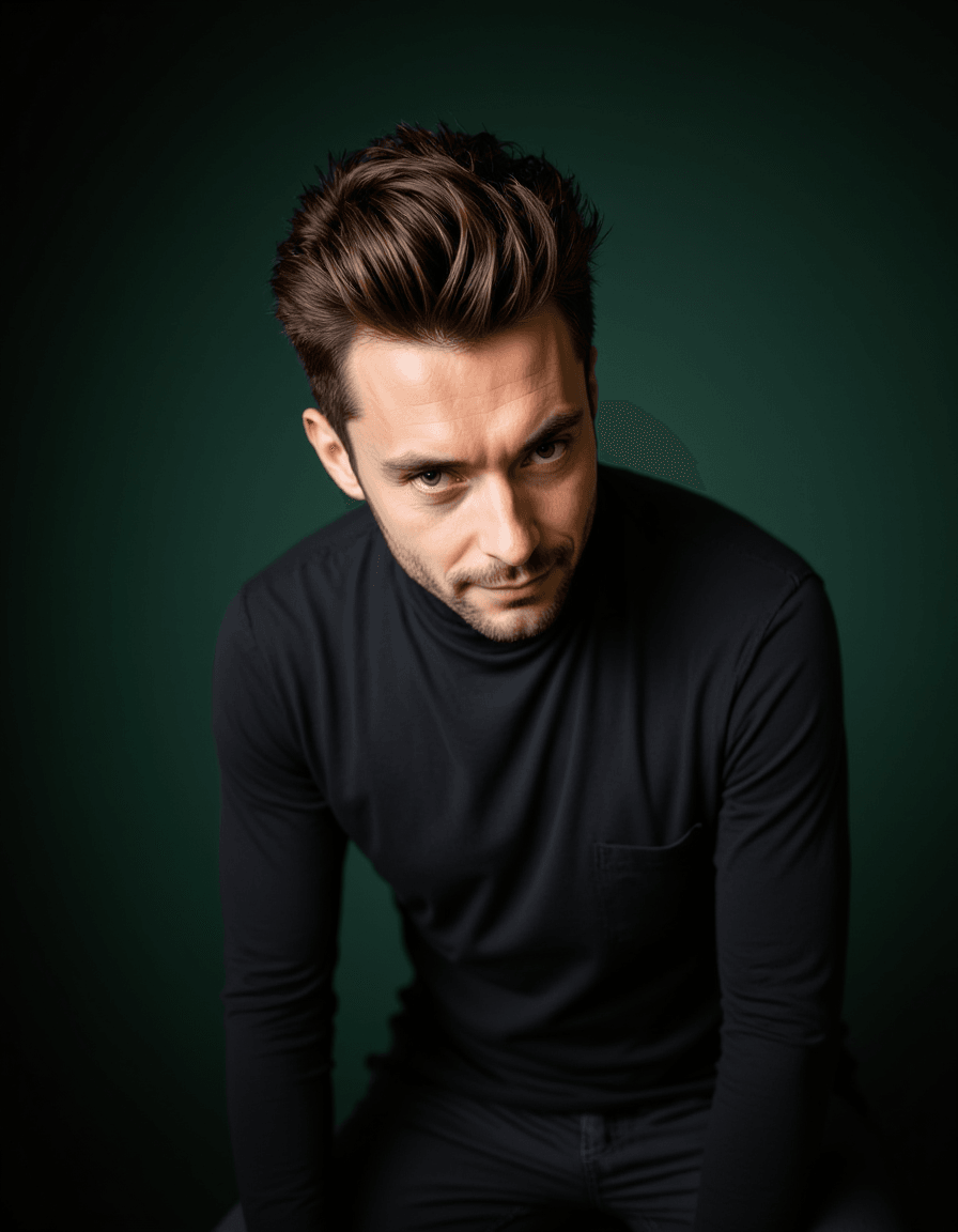 A professional actor headshot of a mysterious male model, taken in a well-lit studio with a deep forest green backdrop. The model is wearing a black turtleneck sweater with his dark hair styled in a slicked-back look and a precisely trimmed Van Dyke beard. The dramatic lighting creates strong contrasts across his angular features while he displays an enigmatic, piercing stare with steel gray eyes and a barely perceptible smile, perfect for villain and complex anti-hero character roles.