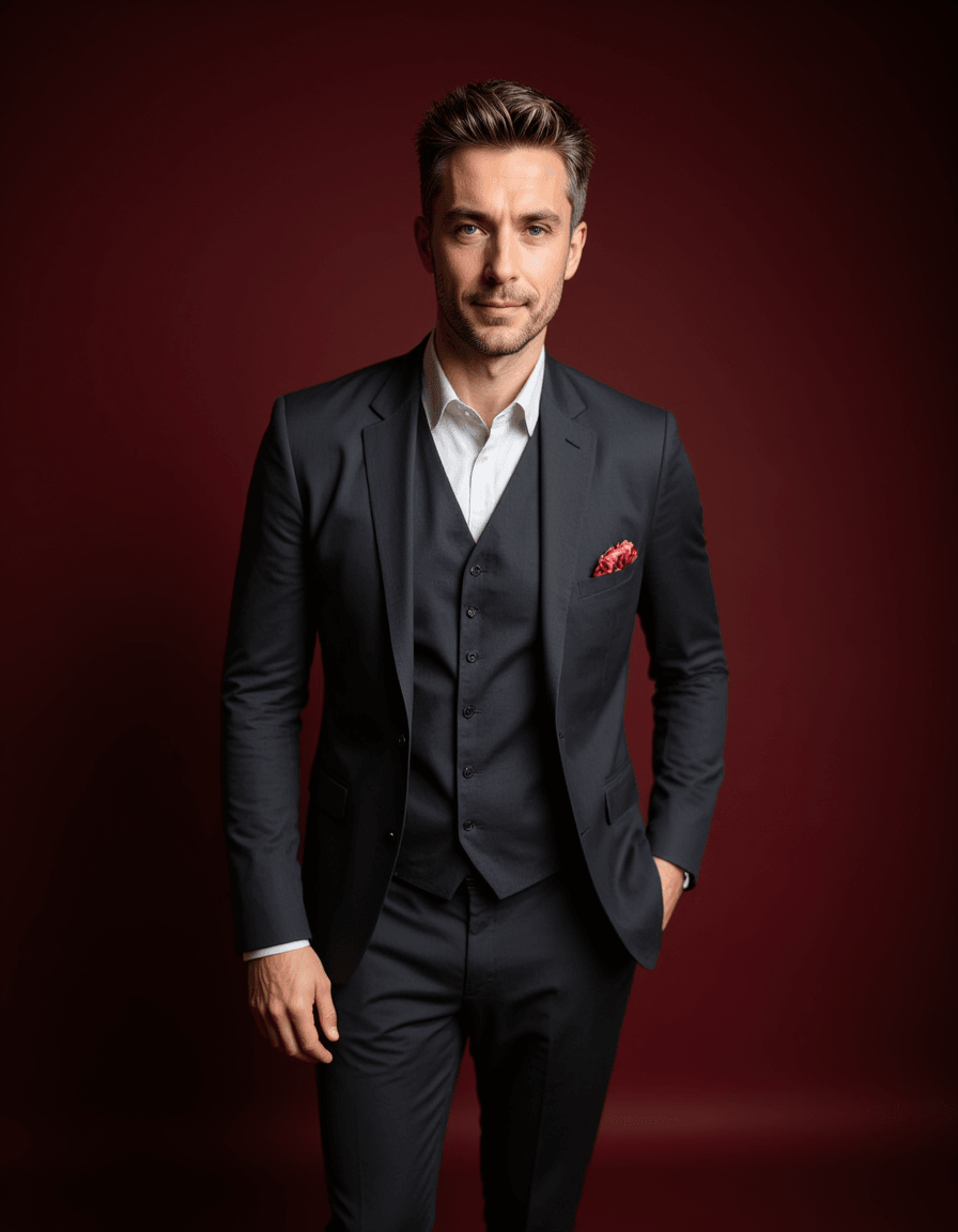 A professional actor headshot of a suave male model, shot against a luxurious burgundy backdrop in controlled studio lighting. The model wears a perfectly fitted charcoal three-piece suit with a silk pocket square, his silver-streaked black hair combed back elegantly and a meticulously groomed mustache. The sophisticated lighting highlights his distinguished features while he maintains a debonair, confident smile with knowing dark eyes, perfect for wealthy patriarch and refined gentleman roles.