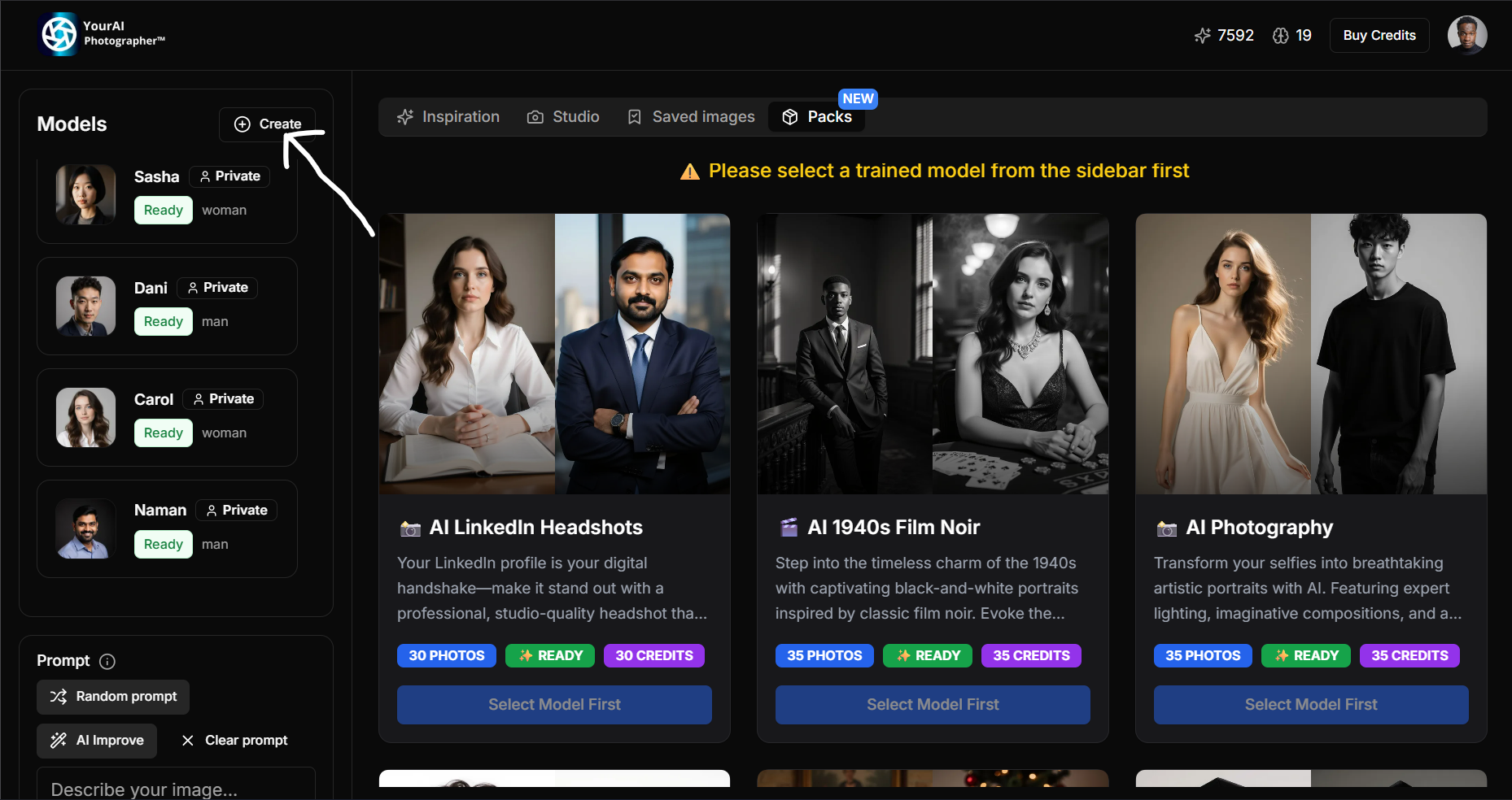 Screenshot of the dashboard showing the Create button in the top left corner of the sidebar
