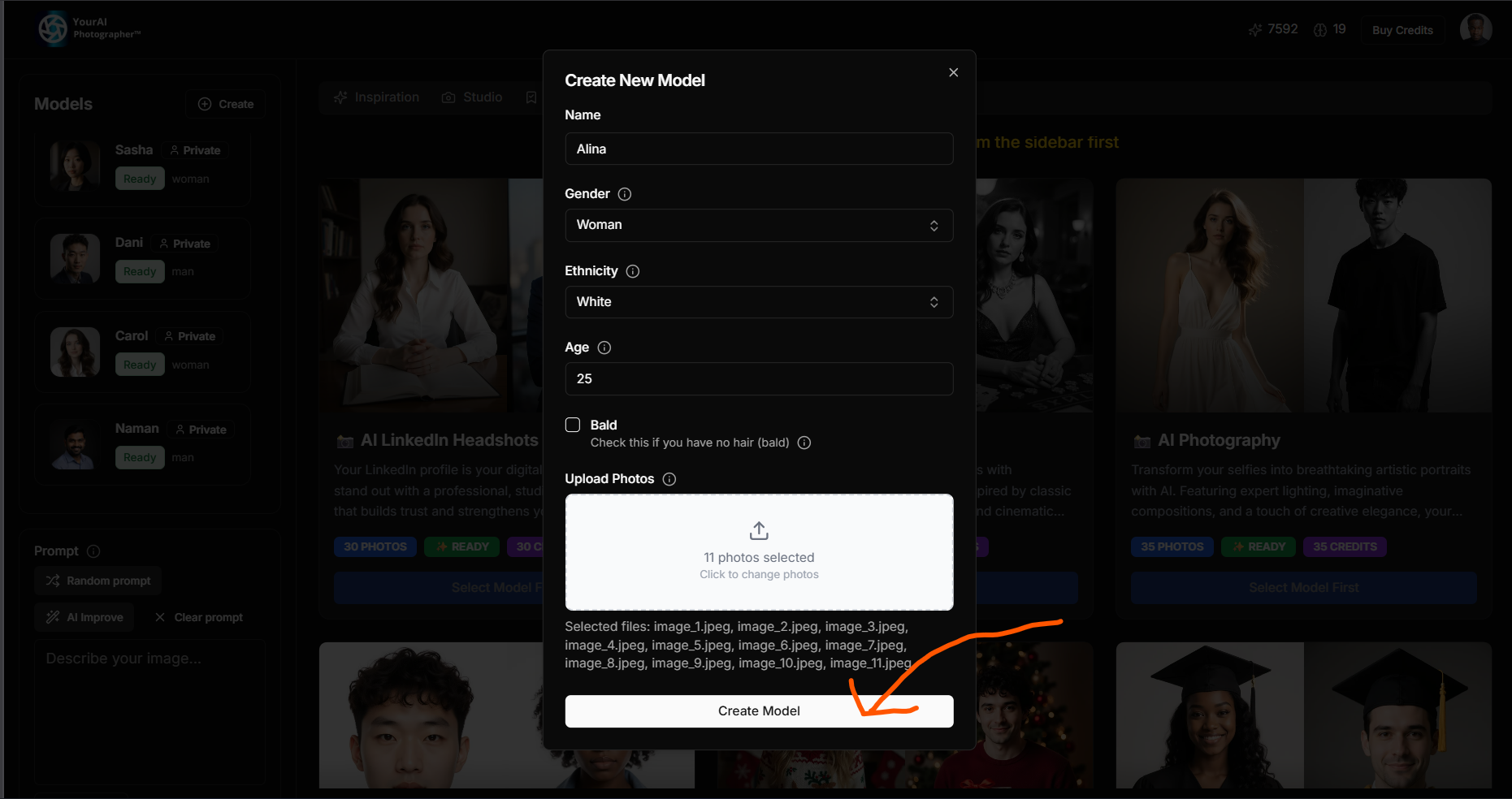 Screenshot of the model creation modal showing name, gender, ethnicity, age, hair options, and photo upload fields