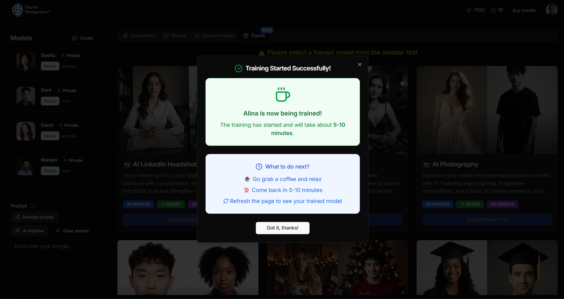 Screenshot showing training in progress with progress indicator and estimated time remaining